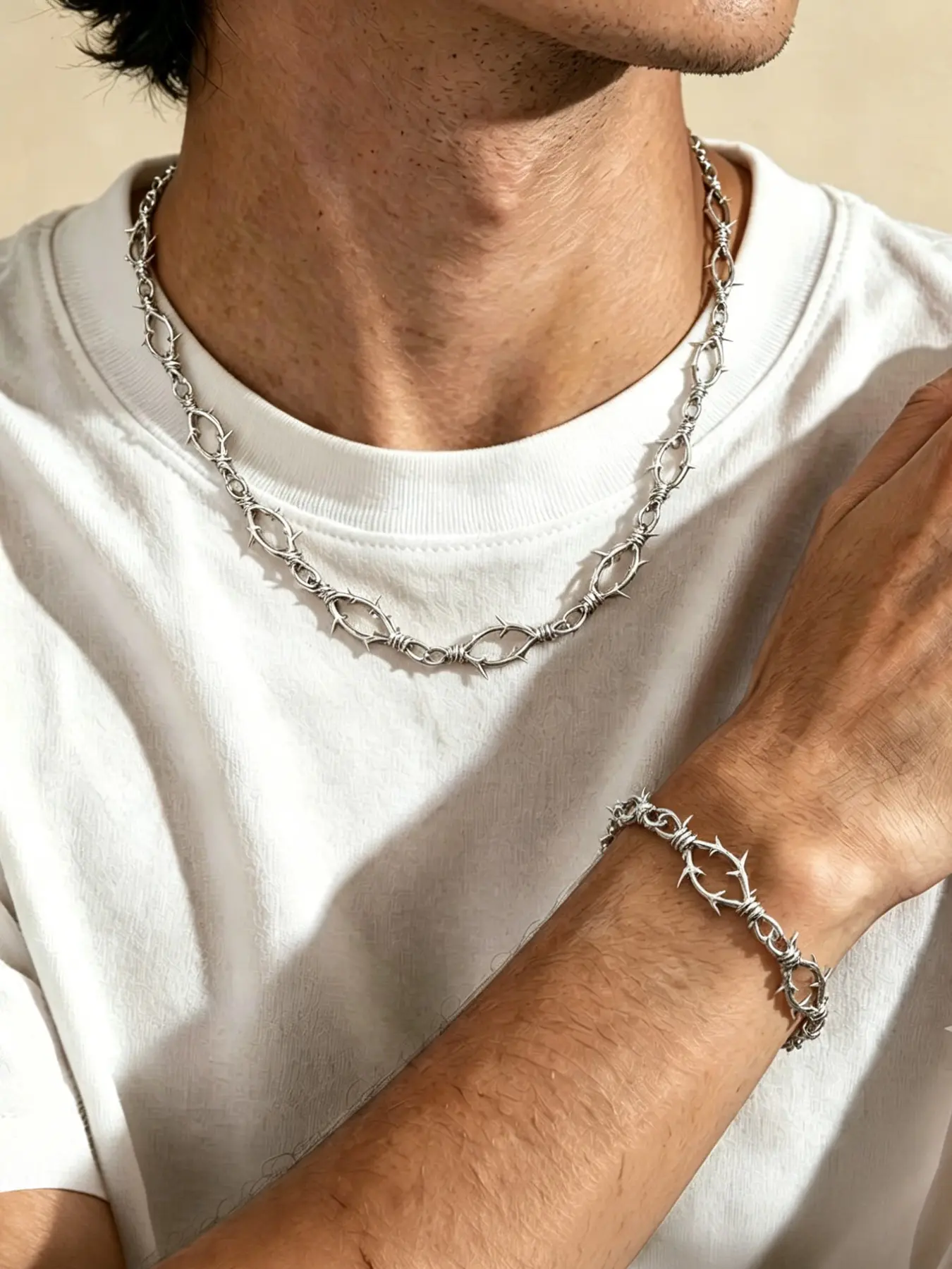 Men's Silver Color Thorn Wire Necklace Bracelet Set, Y2K Punk Style, Hip Hop Streetwear Accessories, Fashionable Jewelry Gift, Jewelry Sets