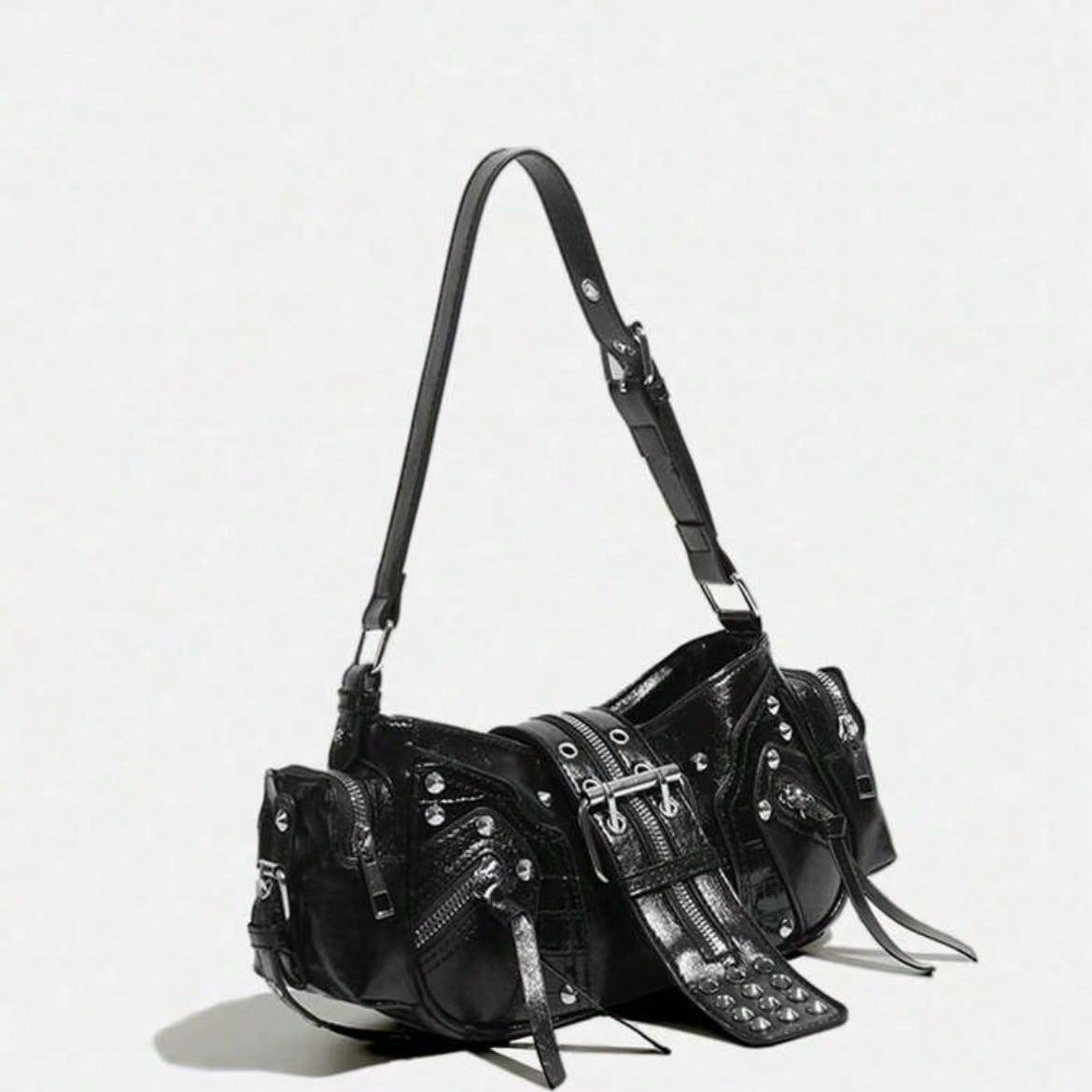 Unisex Punk Rock Motorcycle Shoulder Bag, Y2K Oilcloth Leather Crossbody Underarm Handbag With Adjustable Strap, Suitable For Shopping, Traveling, Commuting