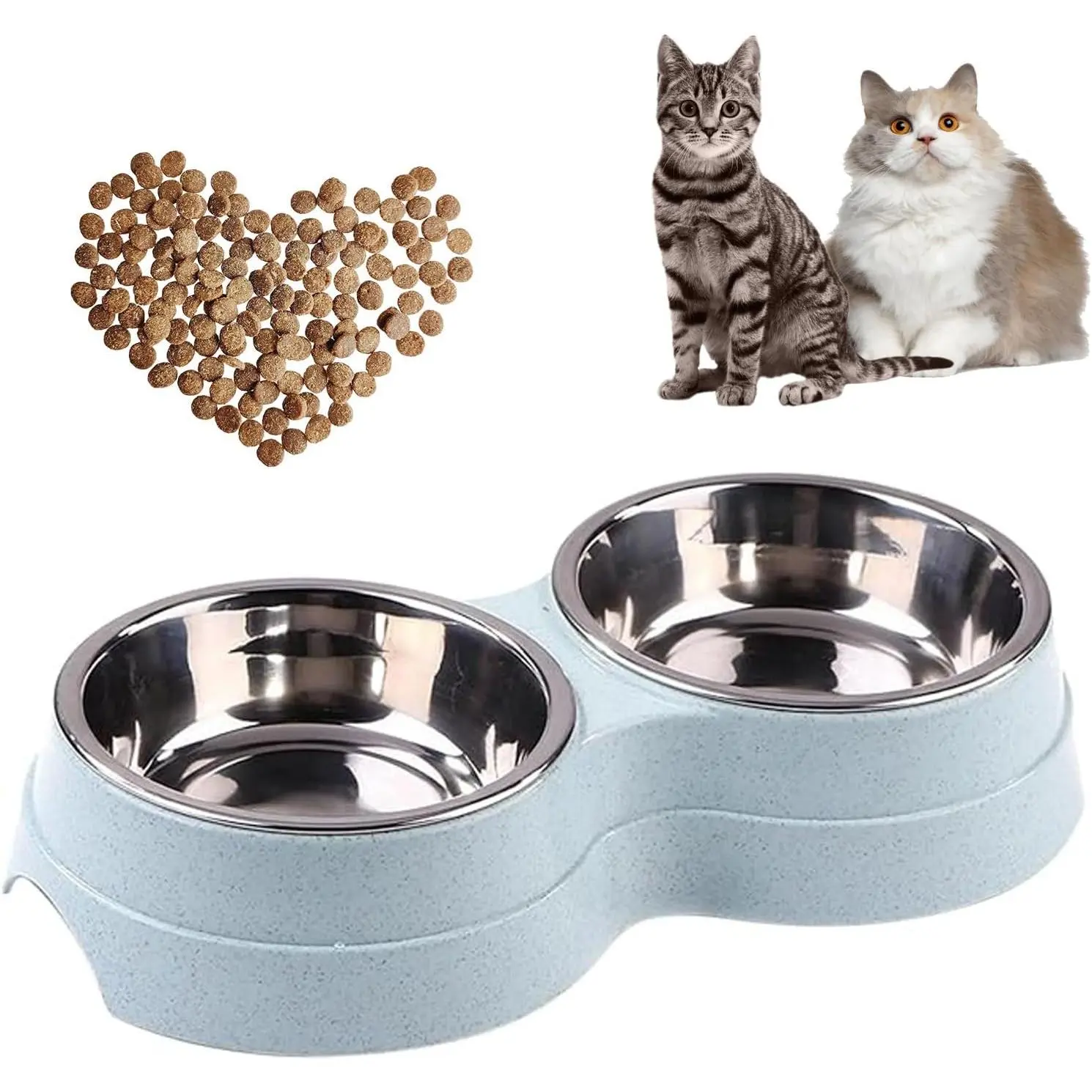 Double   Bowl -Stainless Steel Bowls with Easy-to-Clean Detachable Design, Non-Slip Base,  Feeder for Kittens and Medium Cats (Blue)