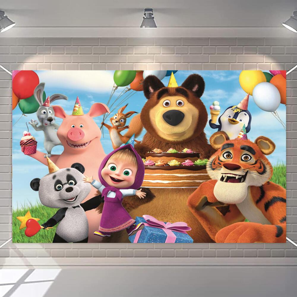 Mashas And Bear-Themed Multi-Pattern Background Banner Decoration - Children's Birthday Party Baby Shower First Birthday Background Party Decoration Items