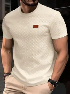 Men's Casual Textured Short-Sleeve Plain White T-Shirt, Ribbed Round-Neck Crew Top for Summer Everyday Wear, Menswear