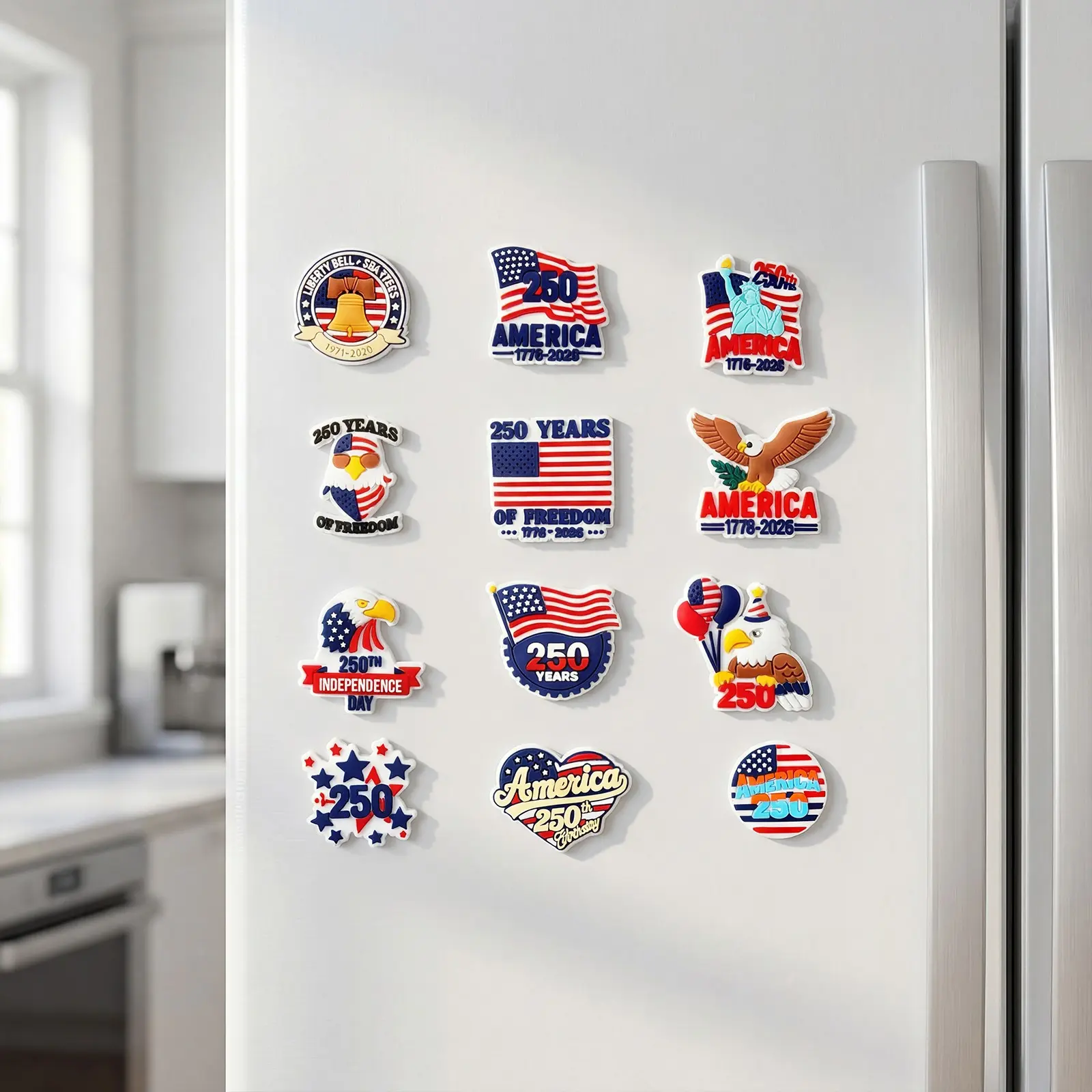12-Piece Set 250th Anniversary Refrigerator Magnets, Vivid 3D American Flag Badges, Durable Relief Decor for Home Kitchen Office