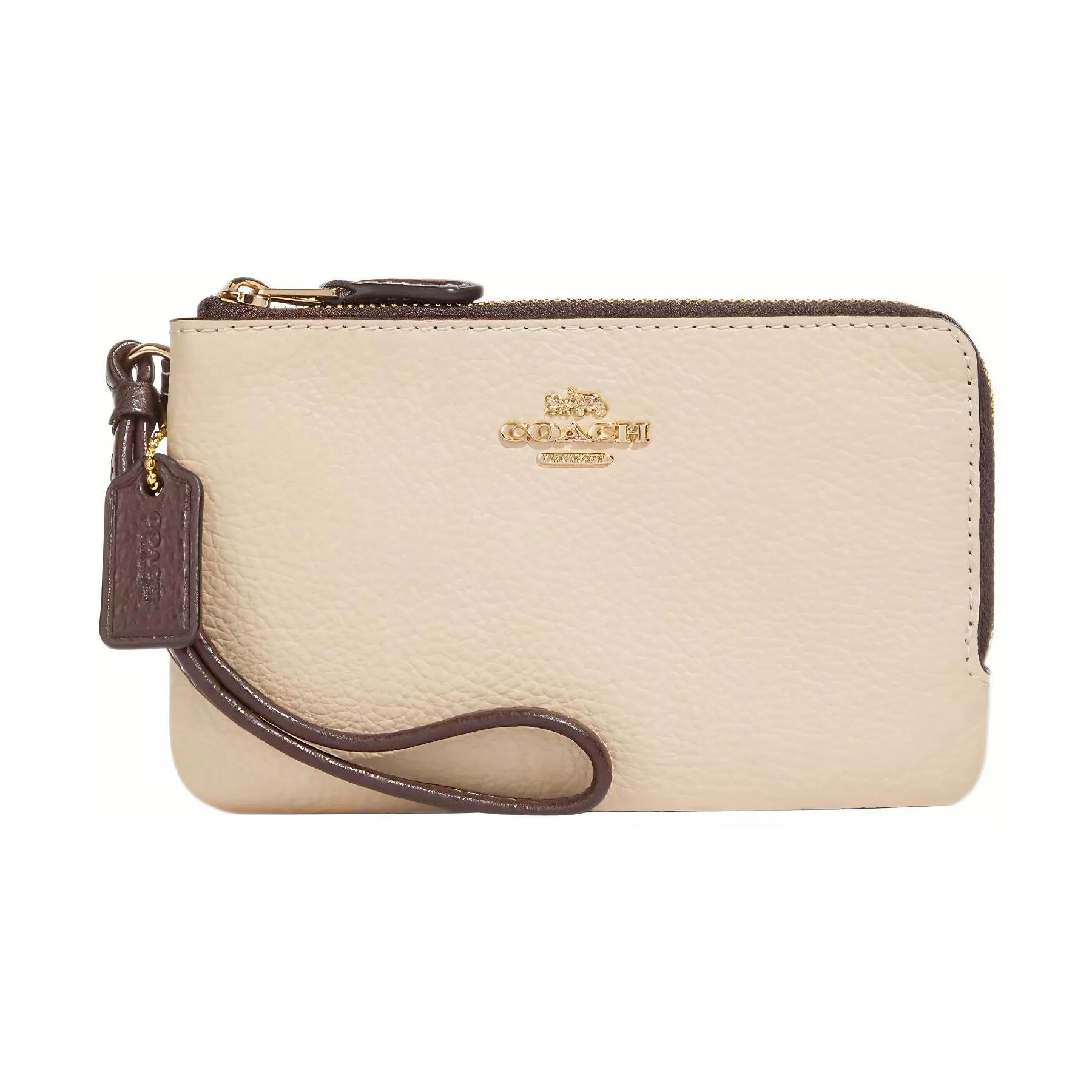 COACH Double Zip Wallet for Women – Polished Pebble Leather Wristlet in Ivory
