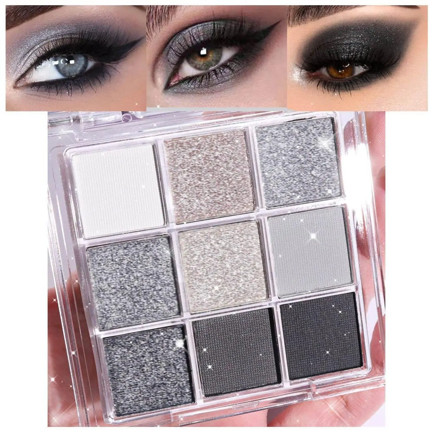 Ladies' 9-Color Smokey Pressed Powder Eyeshadow Palette, Easy-to-Blend High-Pigment Waterproof Makeup with Matte & Metallic Black, Grey & Silver White Shades, Apply Wet/Dry, Great Quality Ingredients, Ideal Gift for Glamorous Looks