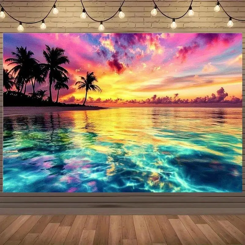 Tropical Sunset Gradient Neon Sky Palm Tree Tapestry, Wrinkle-Resistant Tropical Festive Backdrop & Banner, Glamorous Festive Decor for Birthday, Party, Living Room