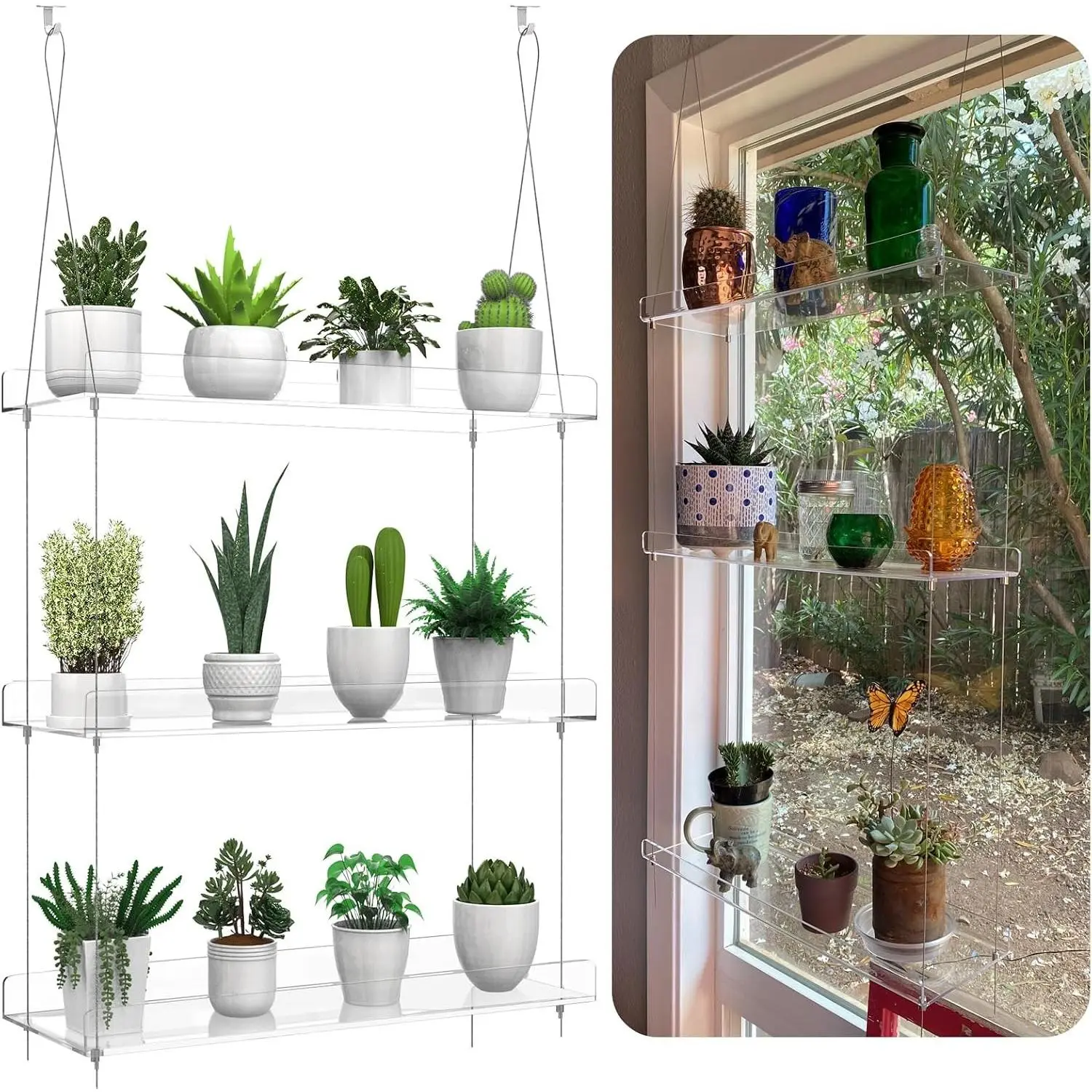 3-Tier Hanging Clear Plant Shelves for Windows, Acrylic Window Wall Plant Stand Shelf for Kitchen Indoor Gardens, Flower, Herb, Seedling Organization, and Pots Display, 16 Inch per Tier