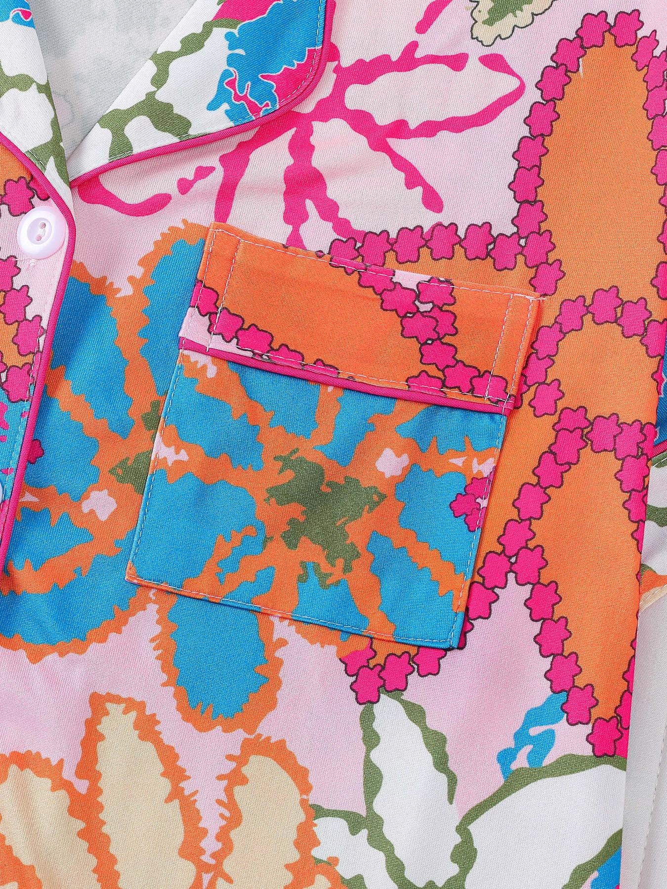 Women's Leopard Print Cherry Bow Sleepwear Pajama Set, Short Sleeve Shirt Collar Button Soft Top & Elastic Shorts, Casual Home Wear