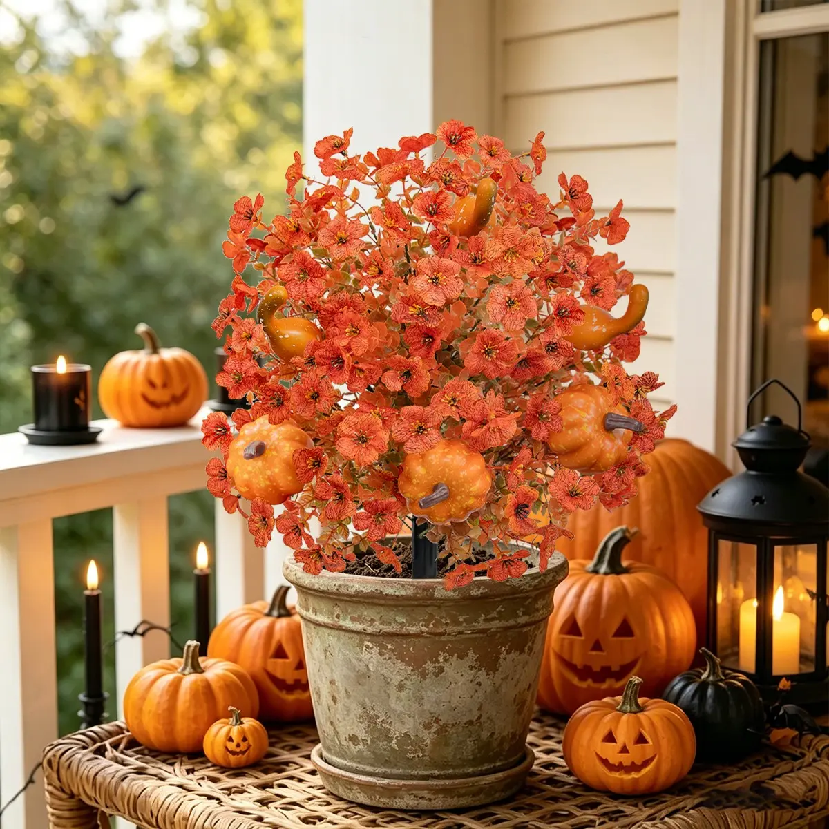 Halloween pumpkin violet eucalyptus artificial flower garden potted decoration for outdoor courtyard, for autumn garden decoration