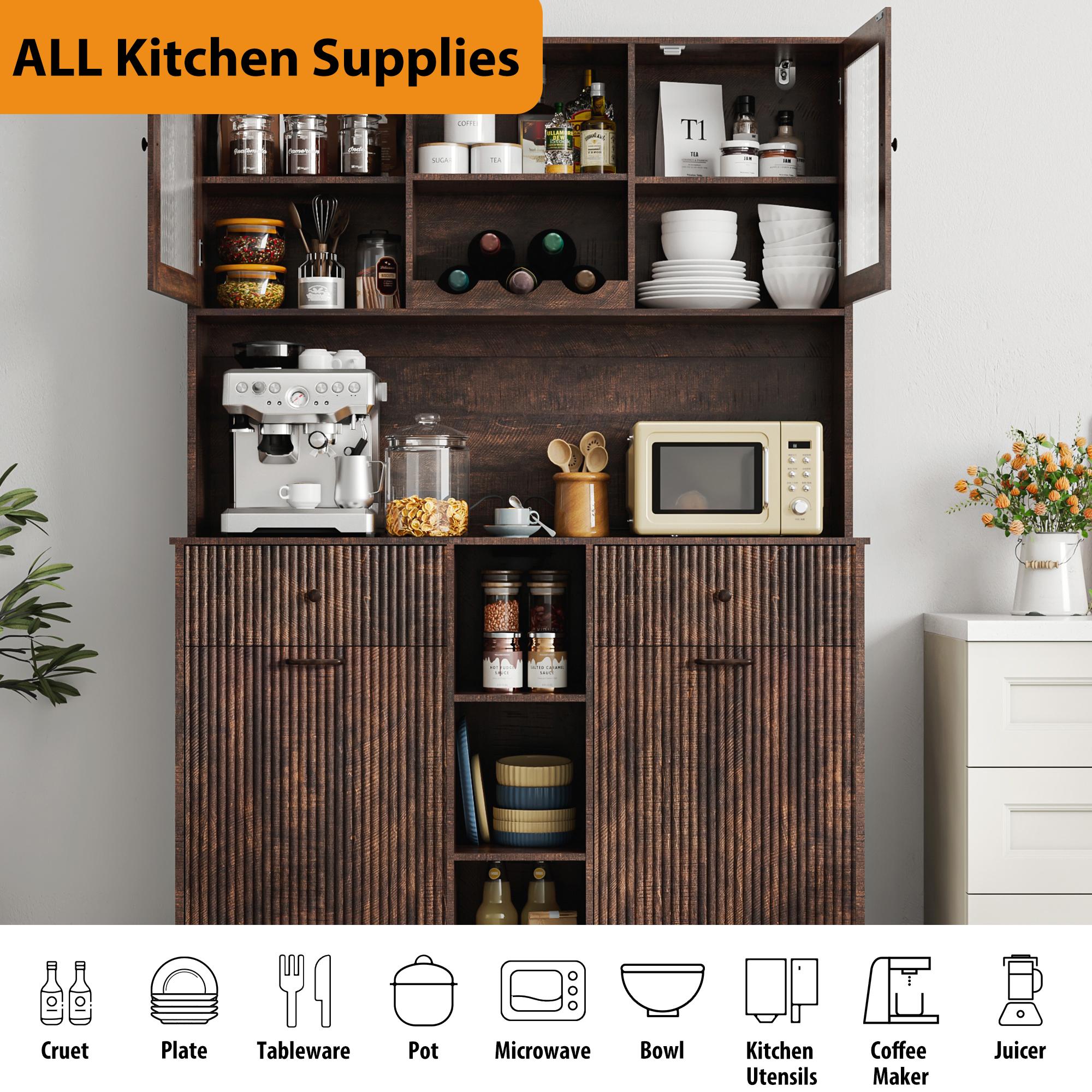 【2Packages Shipping】10×2 Gallon Double Tilt Out Garbage Can Hutch Cabinet with Two Drawers, 71'' Farmhouse Pantry Cabinet with Power Outlet, 47" Wide Pantry with Hidden Garbage Storage for Dining Room, White/Dark Brown