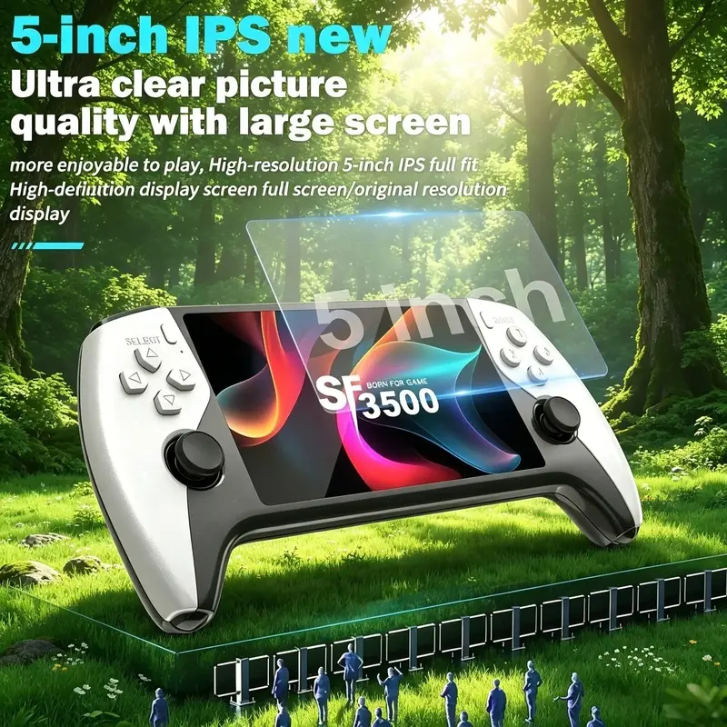 SF3500 Retro Handheld Game Console - Performance Upgrade: A handheld game console with a  HD 5.5-inch IPS screen, featuring multiple games, classic video game support for TV connection, 14+ emulators, and 5-hour battery life.