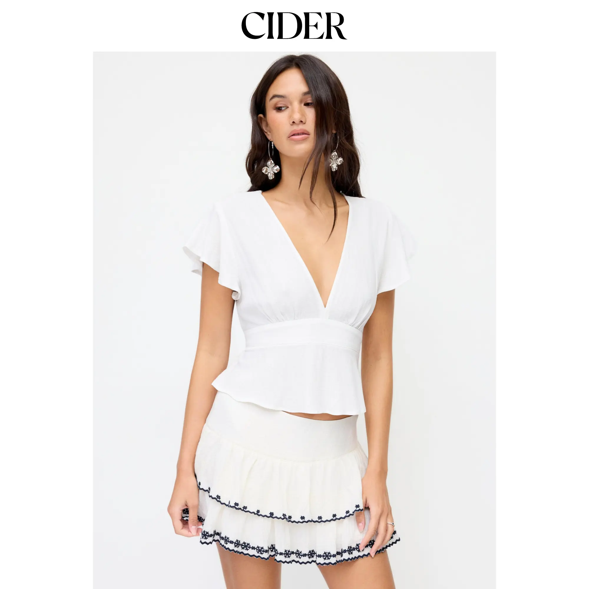 Cider Linen-blend V-neck Ruffle Sleeve Tie Back Blouse SummerFinds