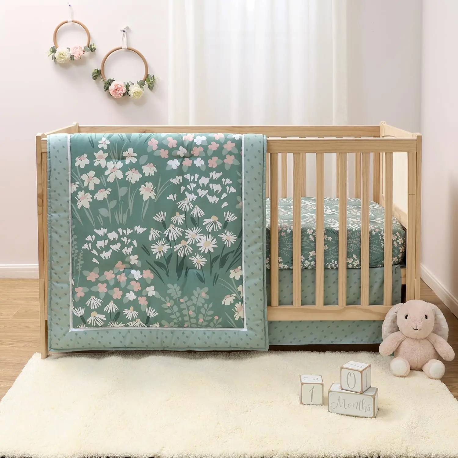 Sage Meadow 3-Pieces Baby Crib Bedding Set - Botanical Fabric Nursery Theme, Floral Pattern Quilt Comforter, Sheet & Skirt for Newborns, Set Includes