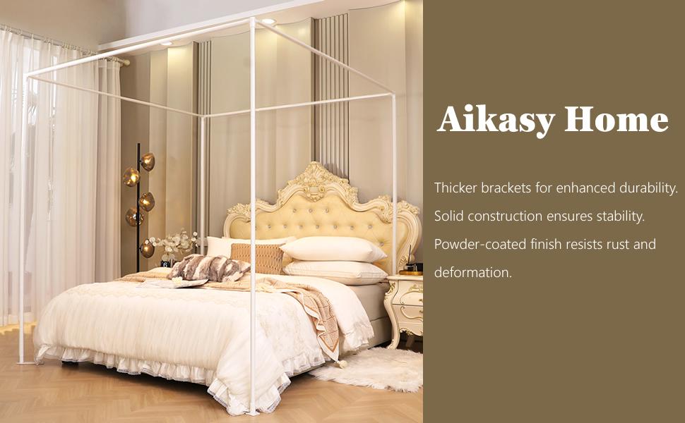 Queen Size Bed Frame with Outer, Thickened Poles & Four Corner Brackets, Compatible with/Wood Base for Bedroom (White)