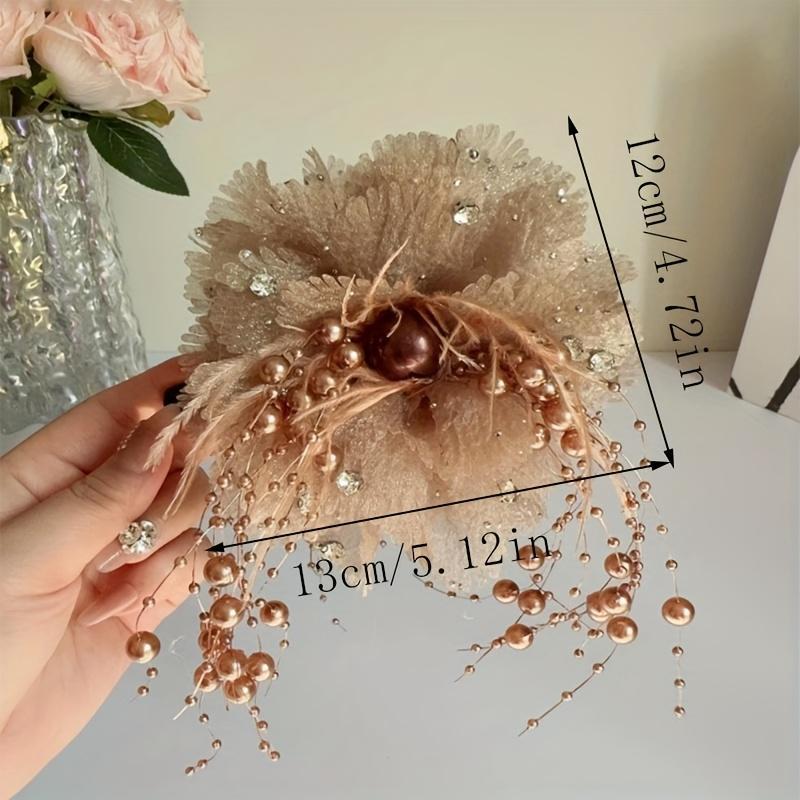 Elegant Large Round Flower Hair Clip With Feathers Tassels Volume Enhancing Shark Clip Peony Flower Design Hair Accessories For Wedding Prom Everyday Updo