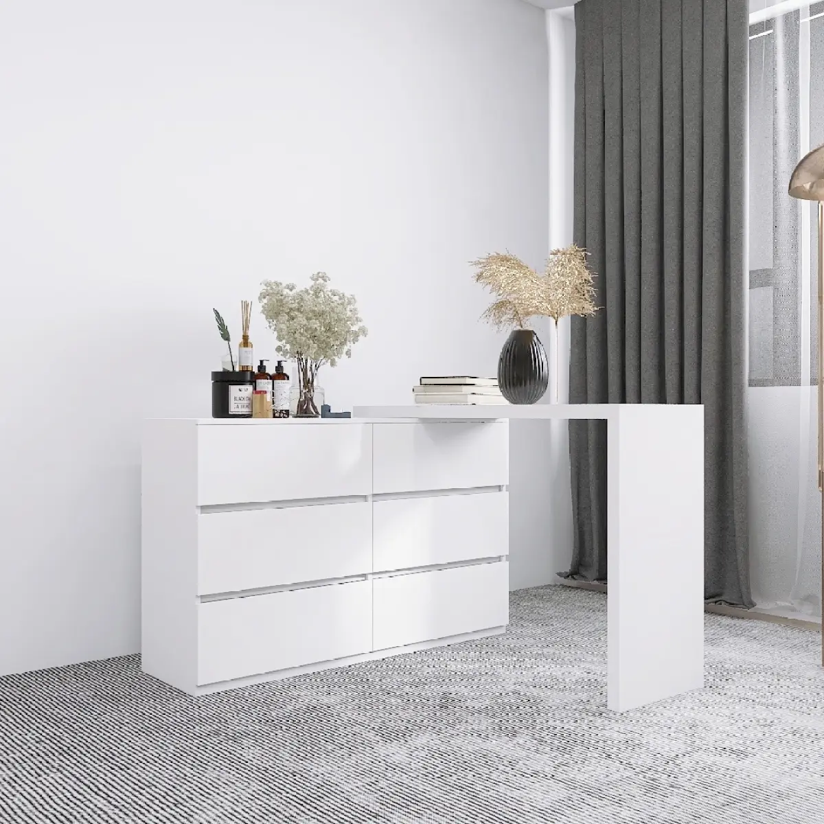 Modern White Handleless 6-Drawer Extended Desktop Vanity Chest of Drawers
