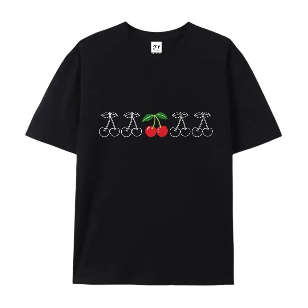 Cute Line Art Cherry Graphic T-Shirt, Minimalist Red Cherry Casual Women Short Sleeve Top