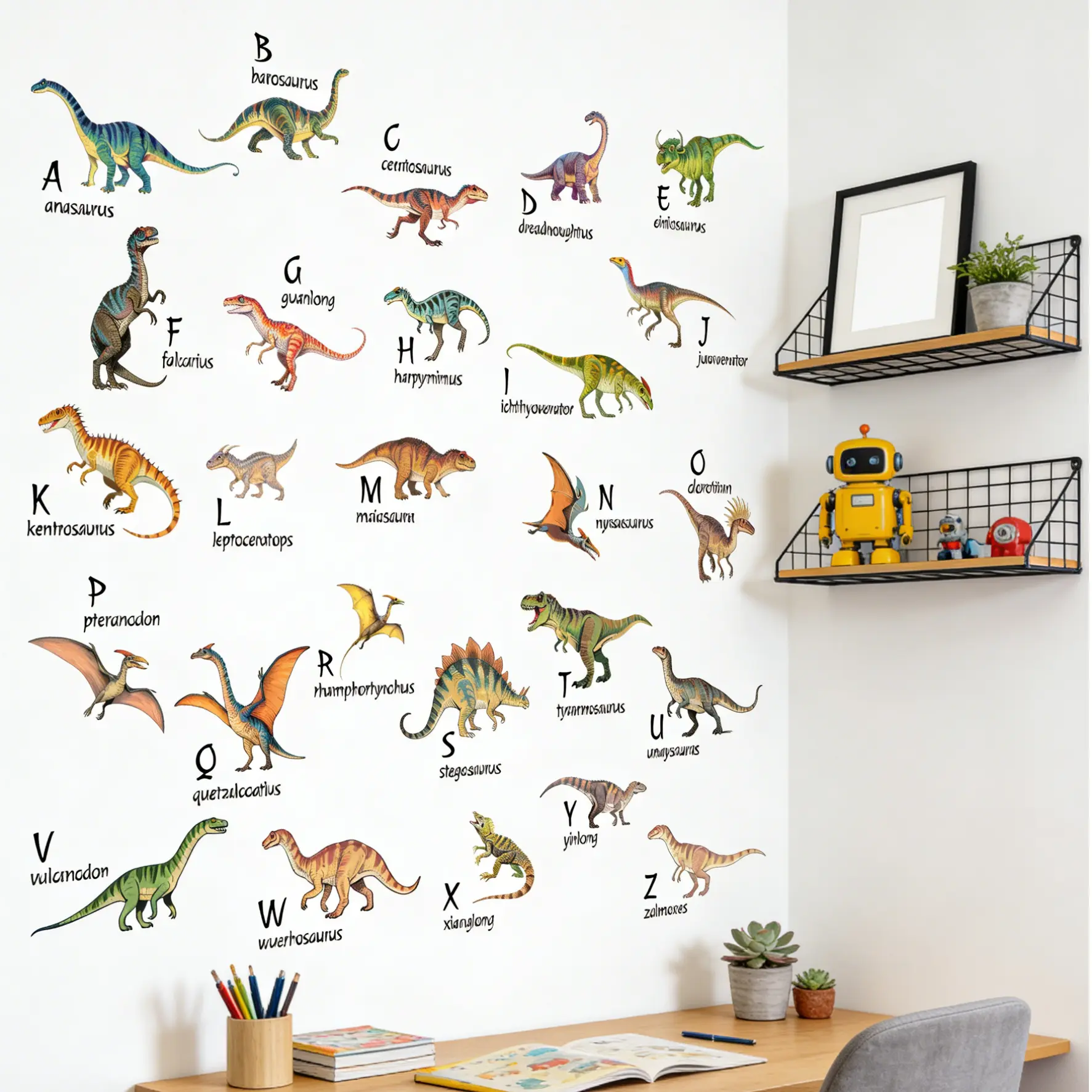 Dinosaur Alphabet Wall Stickers, Educational ABC Chart with Dinosaur Names Decals for Boys Room