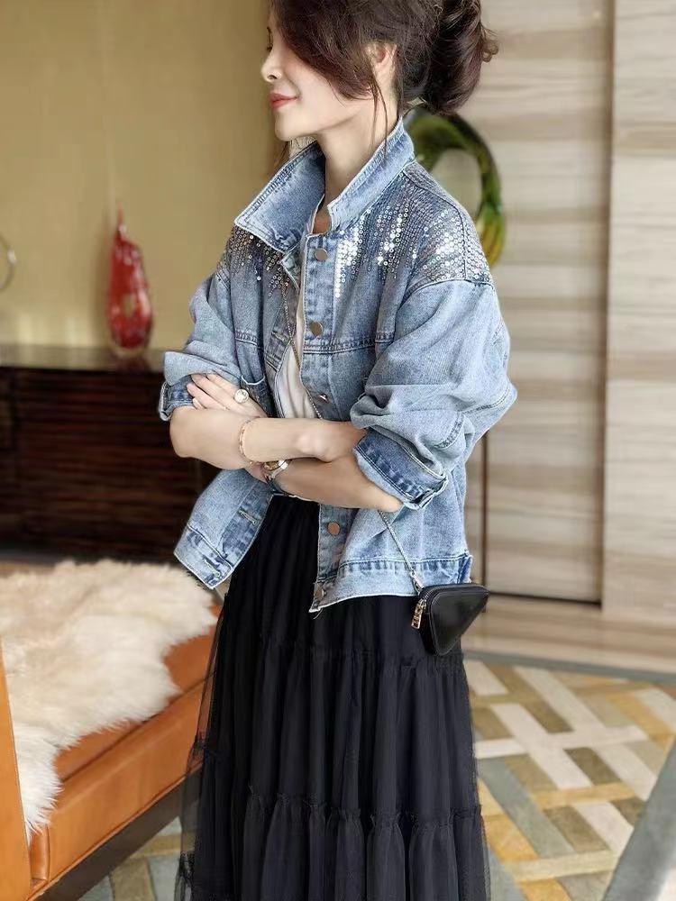 2026 Women's Sequined Denim Jacket Spring and Autumn Denim Coat Women's Jacket