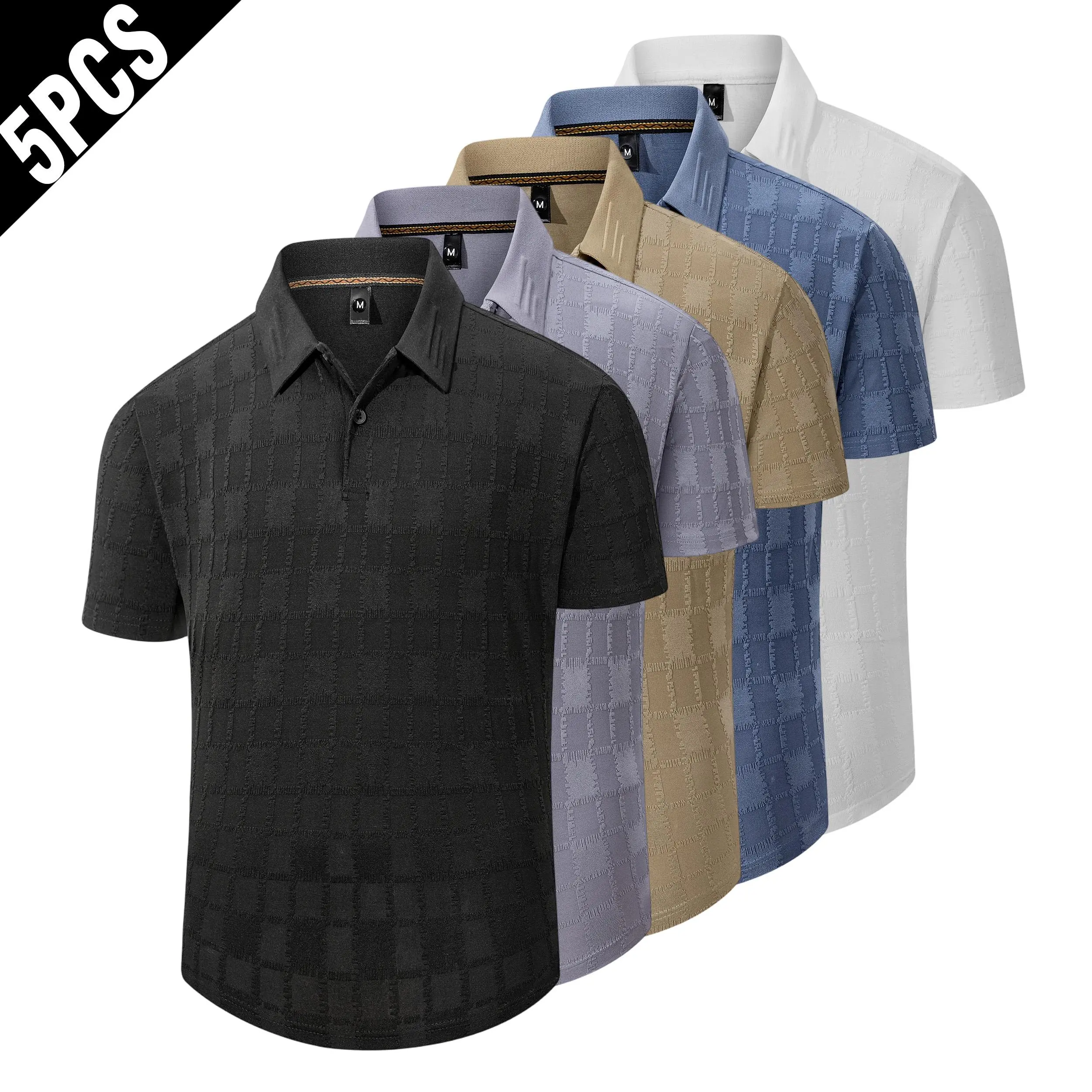 Men's 5-Pack Grid Jacquard Textured Collared Polo Shirts - Menswear Short-Sleeve Half-Button Casual Summer Golf Tees, Lightweight Breathable Woven Regular Fit Tops