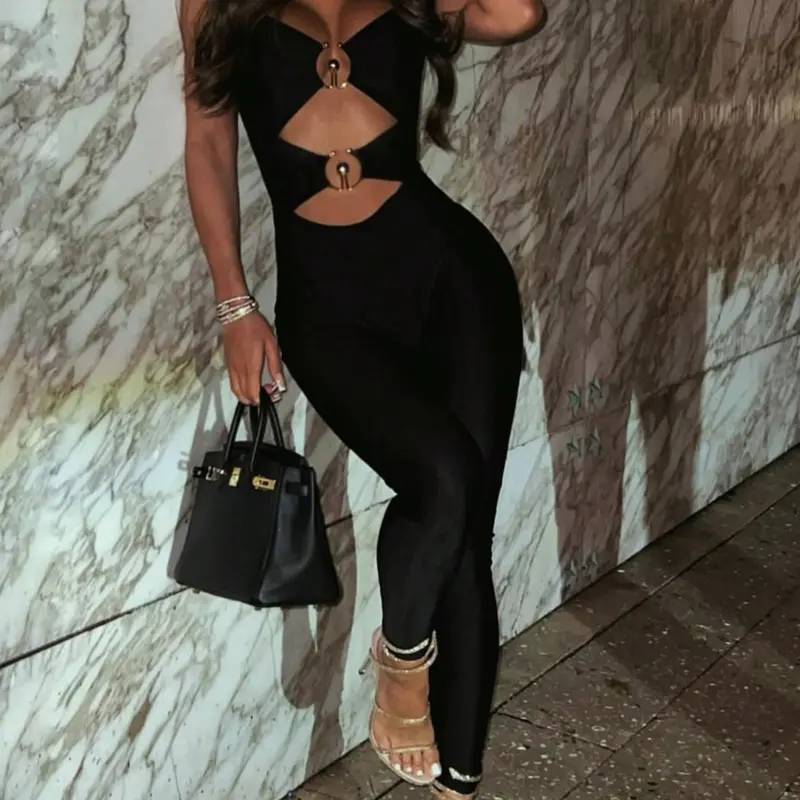 Sleeveless Cutout Metal Ring Romper, High Waist Tight Fit, Sexy Nightclub Party, European Style Casual Sporty Design