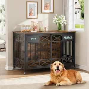 Heavy Duty XXL Wooden Dog Crate Furniture – Double Doors & Name Tag – Sliding Pulley System Kennel – Decorative Pet Cage TV Stand for Large Dogs