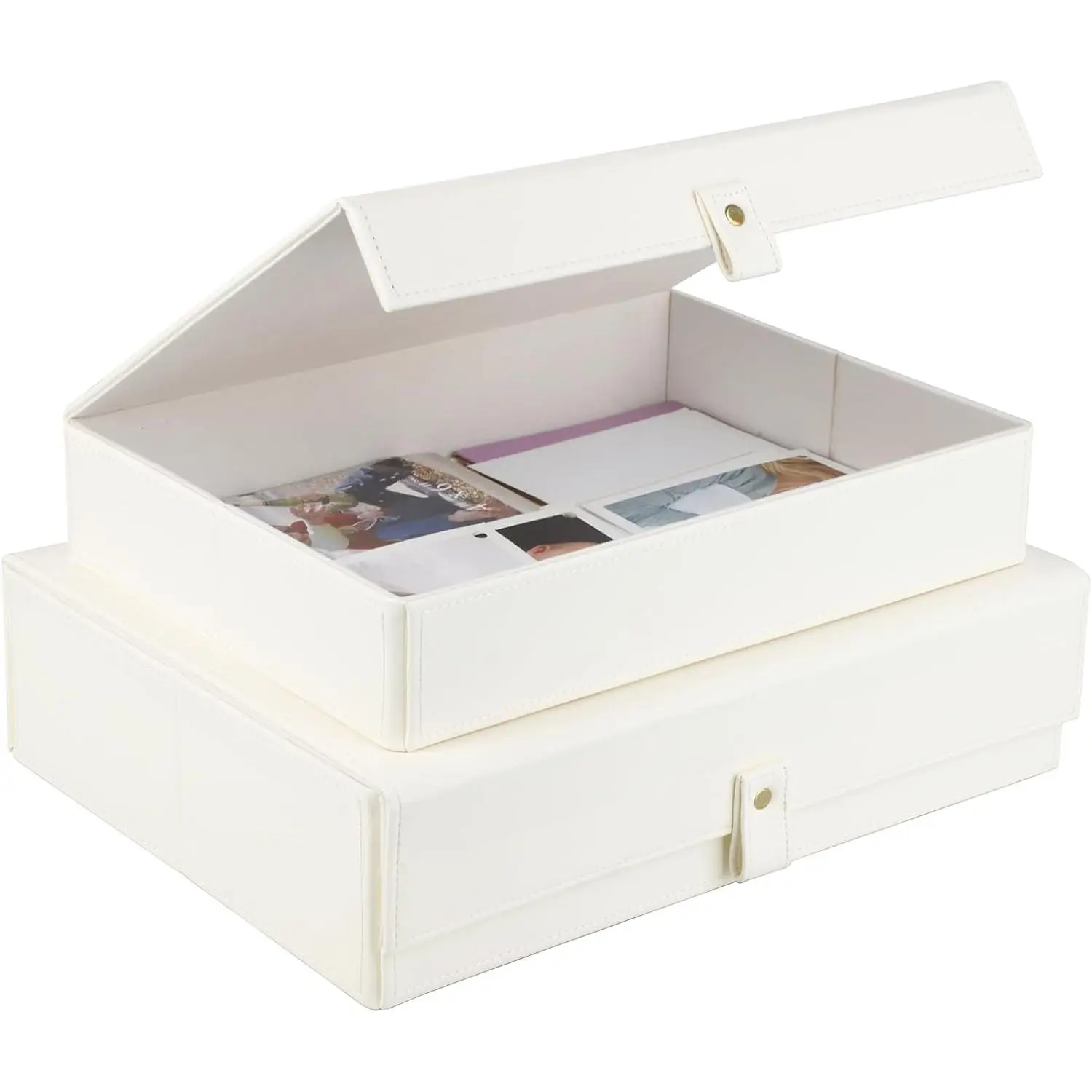 Photo Storage Boxes with Dust-Proof Lid, Set of 2 Faux Leather Lidded Storage Bins, Photo, , Scrapbooking Supplies,  Organizer for Elegant  & Office Decor (CreamWhite)