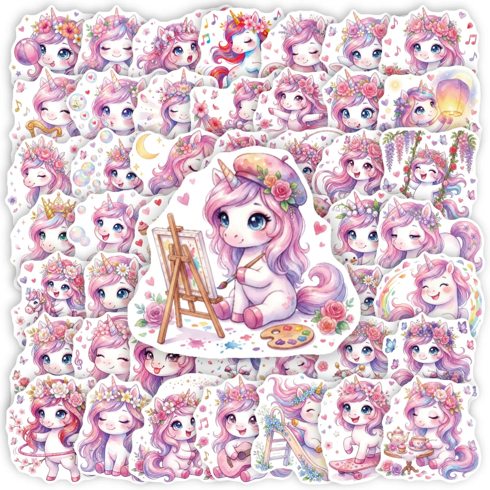50Pcs Kawaii Bubble Magic Unicorn Stickers, Pastel Floral Unicorn Labels, Waterproof Decor Decals, Planner Accessories, Office Products, Back To School Notebook Decor