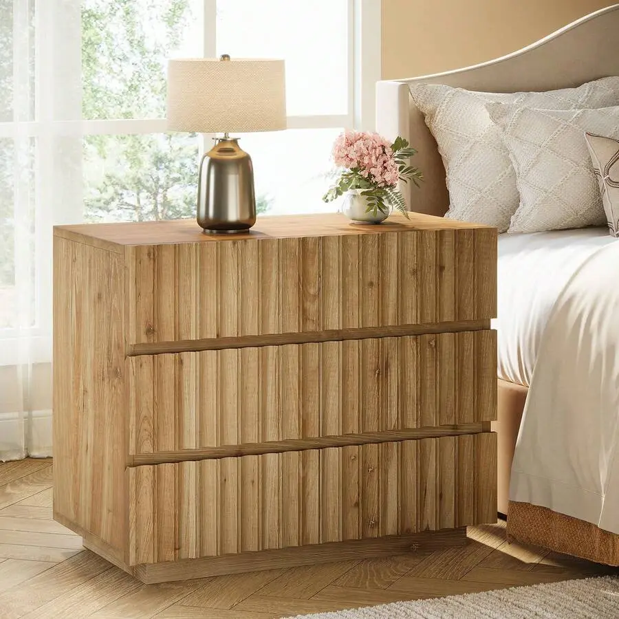 Brown Modern Farmhouse Solid Wood Nightstand, 31.5-inch Extra-Wide Tabletop with Fluted Panel, Handleless Design & 3 Drawers, Curved Indoor Cabinet for Bedroom