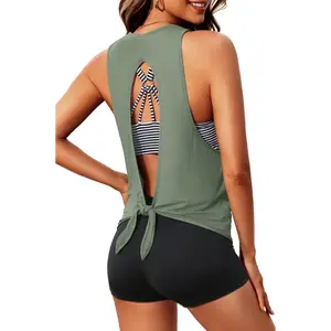 Aqua Eve Three Piece Tankini Swimsuit for Women Tank Bathing Suit with Shorts Open Back Athletic Swimwear