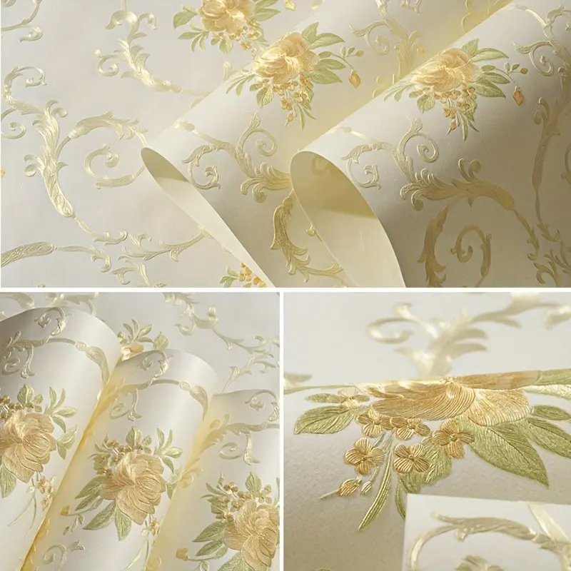 1pc Floral Wallpaper Peel And Stick, Self-Adhesive Vintage Non-Woven 3D Embossed Damask Flower Wallpaper, Removable Wall Sticker, Bedroom Living Room Decor Paper