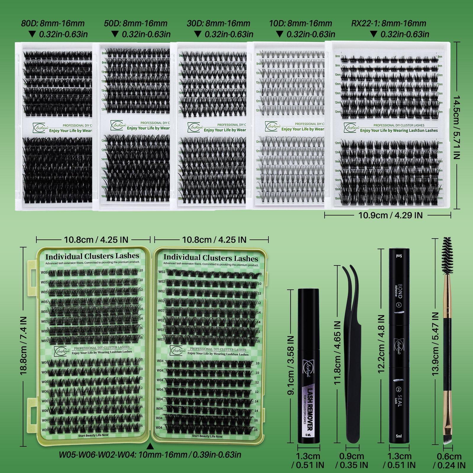 Eyelash Extension Kit, 280-Piece False Eyelash Set with 2 Glues, 2 Eyelash Removers, 2 Tweezers and 2 Brushes, Professional DIY Lash Cluster Eye Makeup Tool