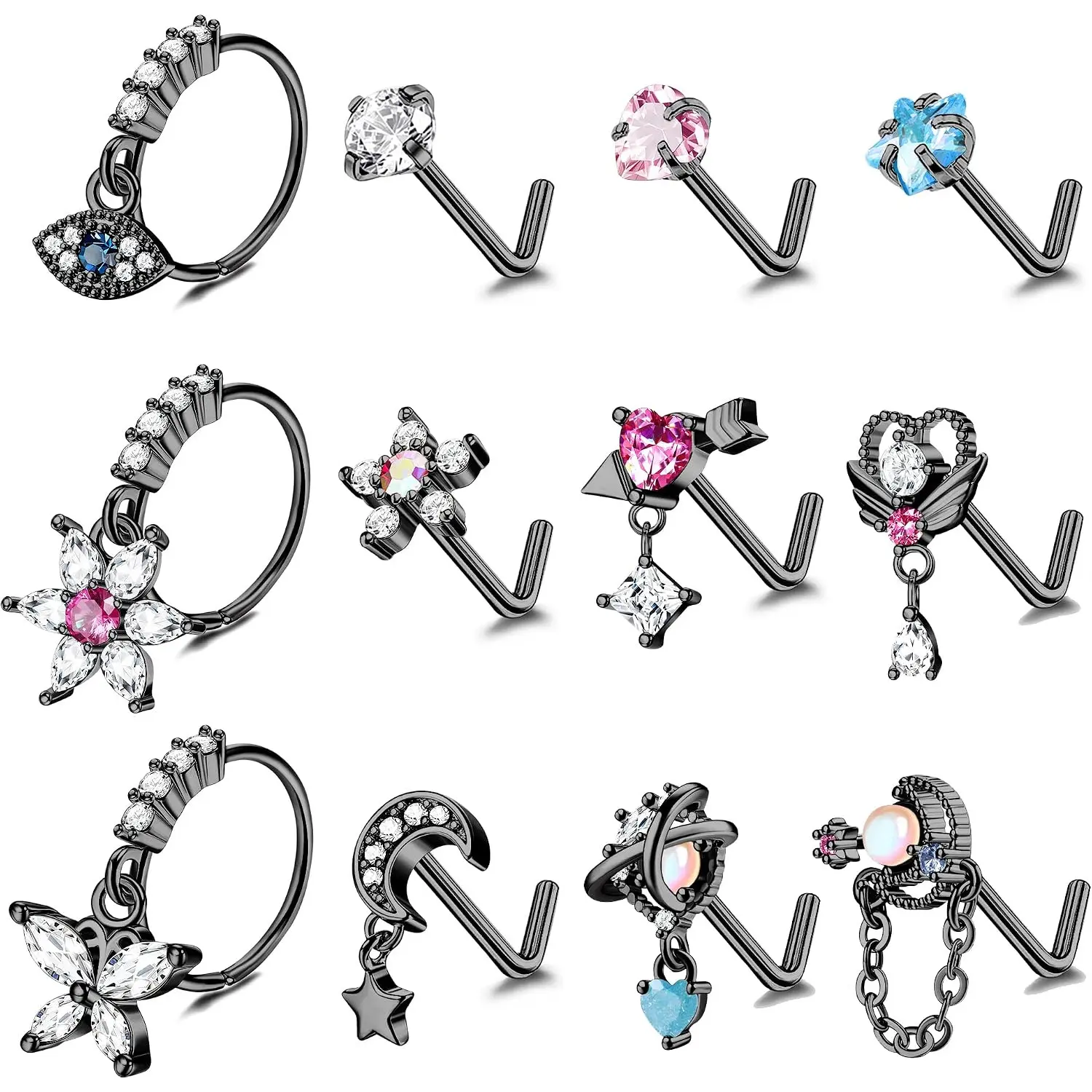 Women's 12 PCS Stainless Steel Nose Ring & Earring Stud Set - Star & Flower CZ L-Shape Nostril Piercing Body Jewelry
