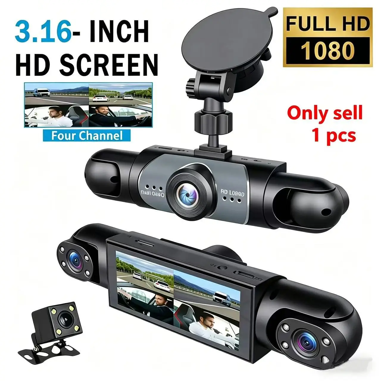 Four-Channel Car Dvr Camera, Car Dash Cam, 1080P Full HD Screen, Night Vision, Parking Mode, WiFi Connectivity, 64GB Storage Card Included, Car Dashcam