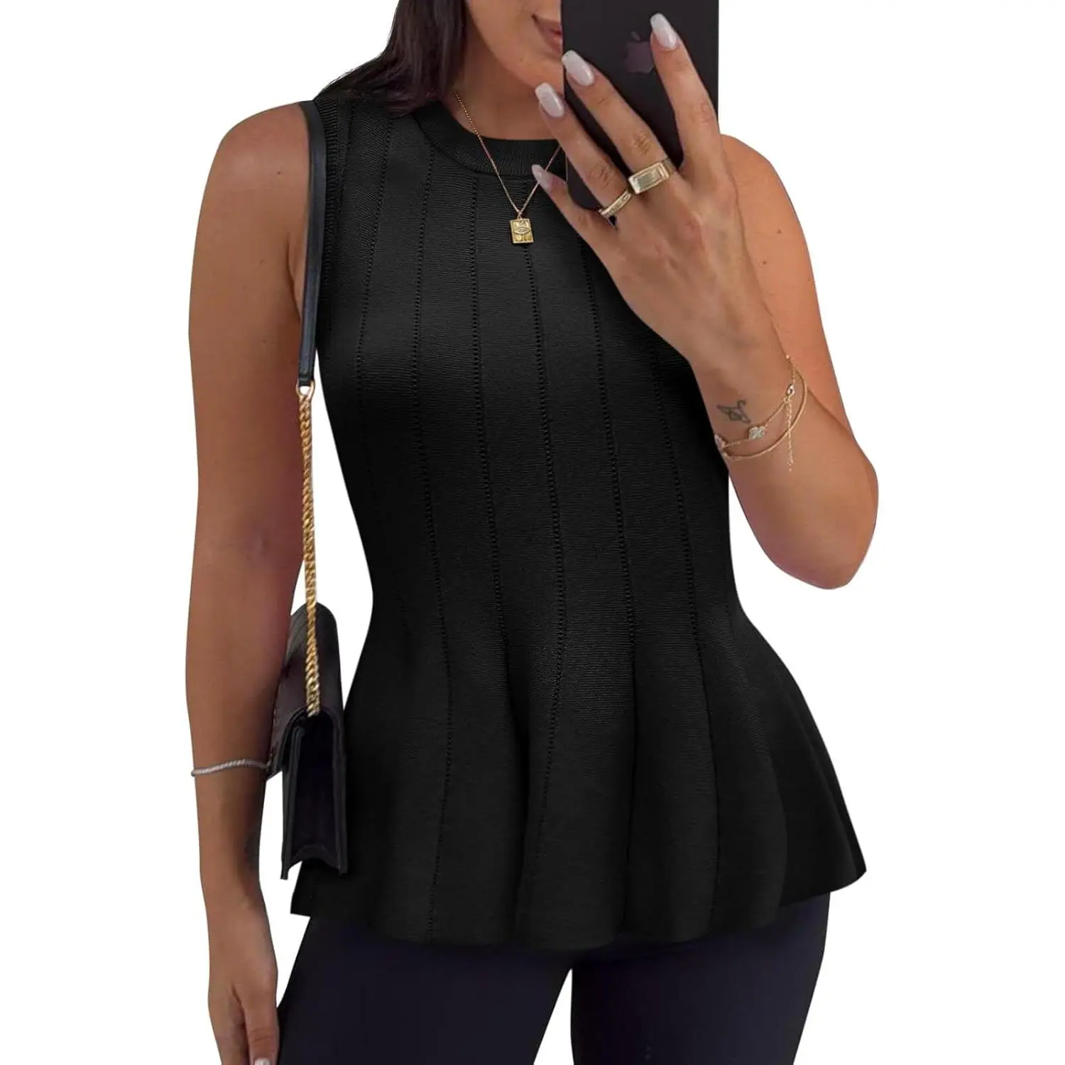 Imily Bela Womens Pleated Peplum Tank Tops Fitted Ribbed Knit Crew Neck Blouses Summer Sweater Vest