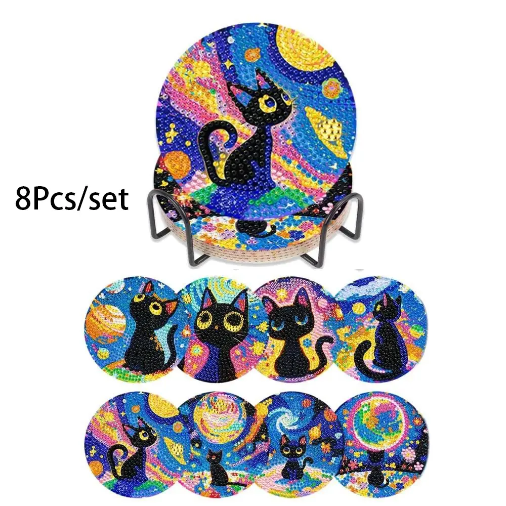 8 pieces/set of diamond painted coaster set with cat pattern coaster (with holder) - DIY diamond art craft kit for home decoration beginners, diamond craft supplies, artificial diamond art craft supplies gifts, Diamond Painting Coasters