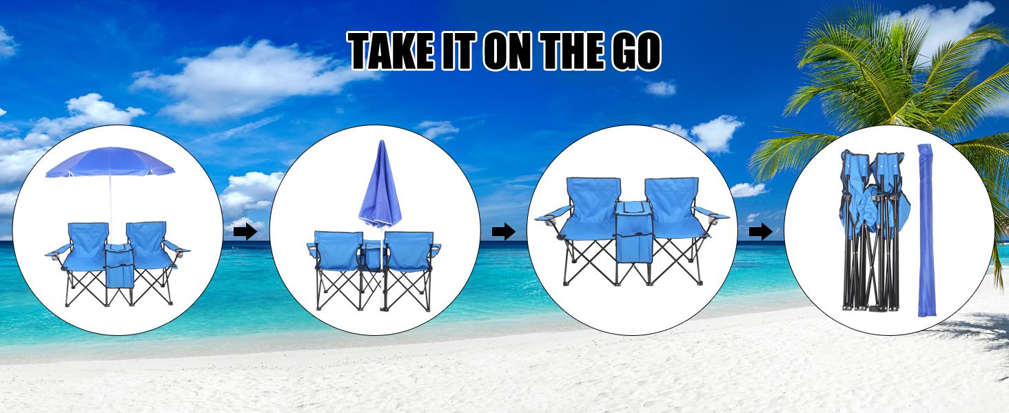 Outvita Folding Double Camping Chair w/Umbrella Beverage Holder Carrying Bag Cooler Fold Up Table, Large Bearing Capacity for Beach Patio Pool Park Outdoor Blue