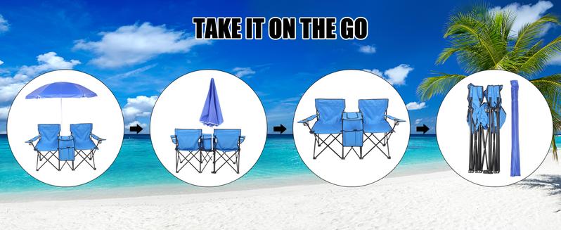 Outvita Folding Double Camping Chair w/Umbrella Beverage Holder Carrying Bag Cooler Fold Up Table, Large Bearing Capacity for Beach Patio Pool Park Outdoor Blue