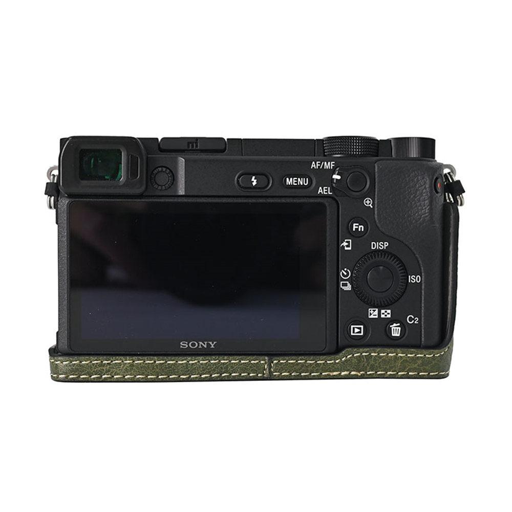 Litchi Pattern PU Leather Camera Half Case for Sony A6300 A6400 A6000 A6100 Bottom Opening Magnetic Cover With Strap