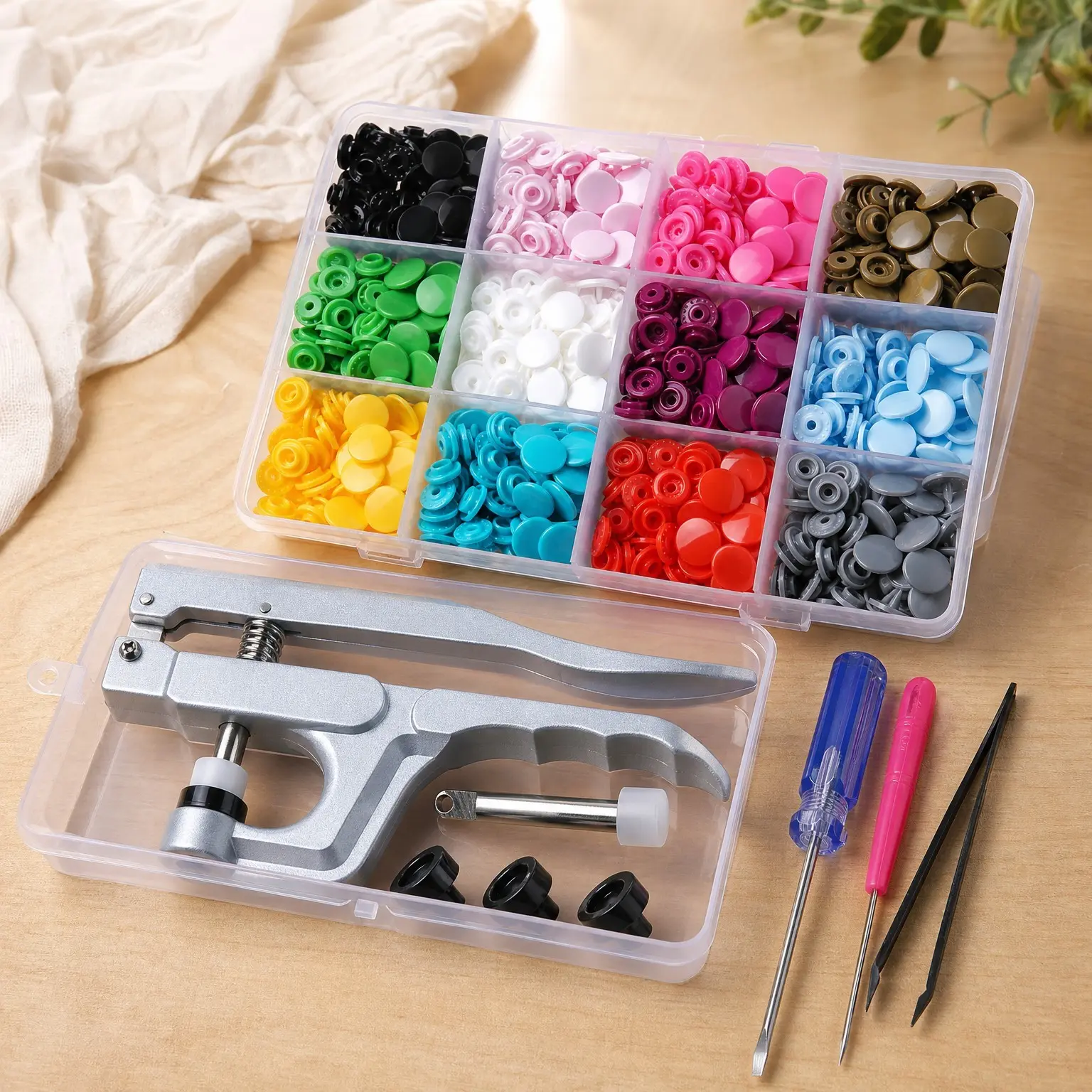 Plastic T5 Snap Button Starter Kit 360 Sets Size 20, 12 Colors with Pliers | Lead-Free & CPSIA Compliant, No-Sew Fasteners for Sewing, Baby Bibs, Cloth Diapers, Storage CaseGift