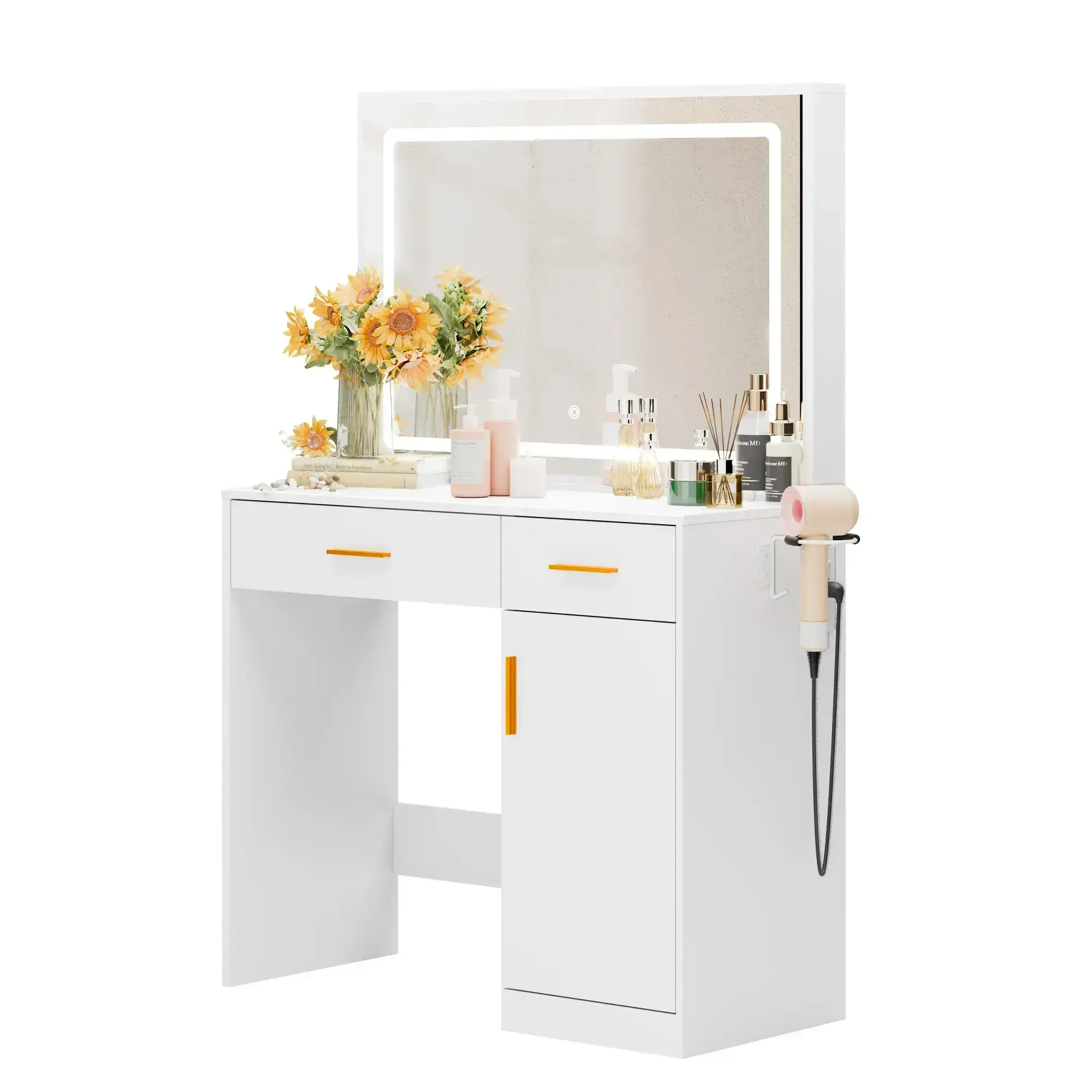 Vanity Desk with LED Lighted Mirror and Power Outlet, Makeup Table with 2 Drawers, Large Mirror Surface, Heavy Duty Design