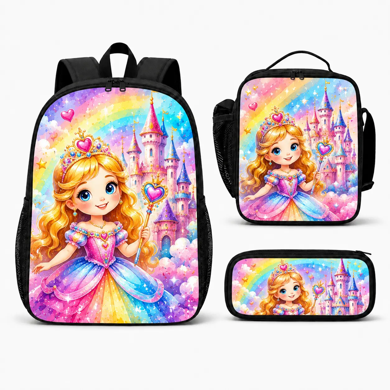 Cartoon Crown Princess Elementary School Backpack Three-Piece Set: Large Capacity Double-Layer Backpack, Can Be Carried or Handled, Insulated Lunch Bag with Pencil Case, Suitable for Back-to-School Season and Birthday Gifts.