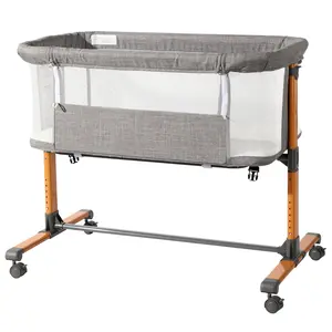 Gray Baby Cradle Bed (Model: KT-BSW) with Iron Pipe Frame, 150D Encrypted Cationic Fabric & Universal Wheels, Pretend Play Toy Cradles
