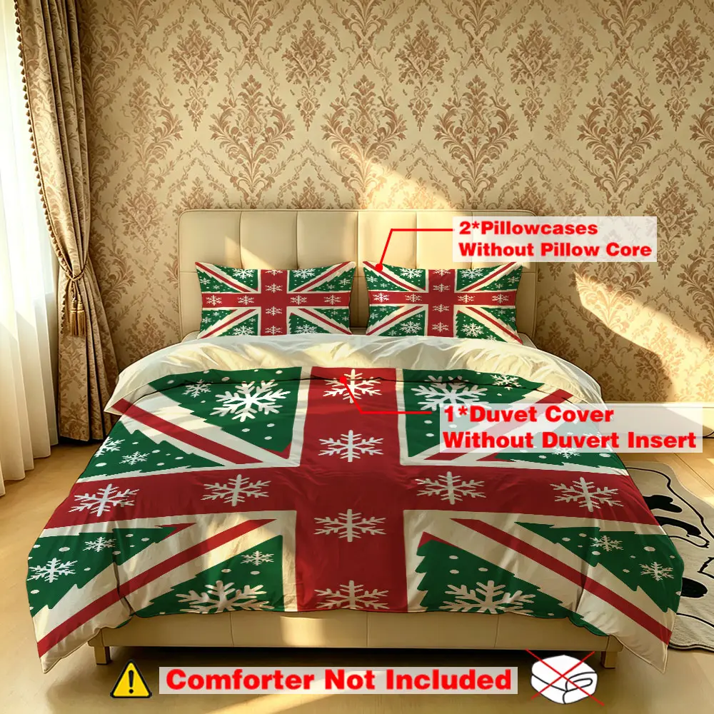 The 3-piece snowflake Christmas tree British flag bedding set includes one bedspread and two pillowcases, without fillings. It's soft and comfortable, suitable for single beds and double beds, and ideal for use in bedrooms, dormitories, and hotels.
