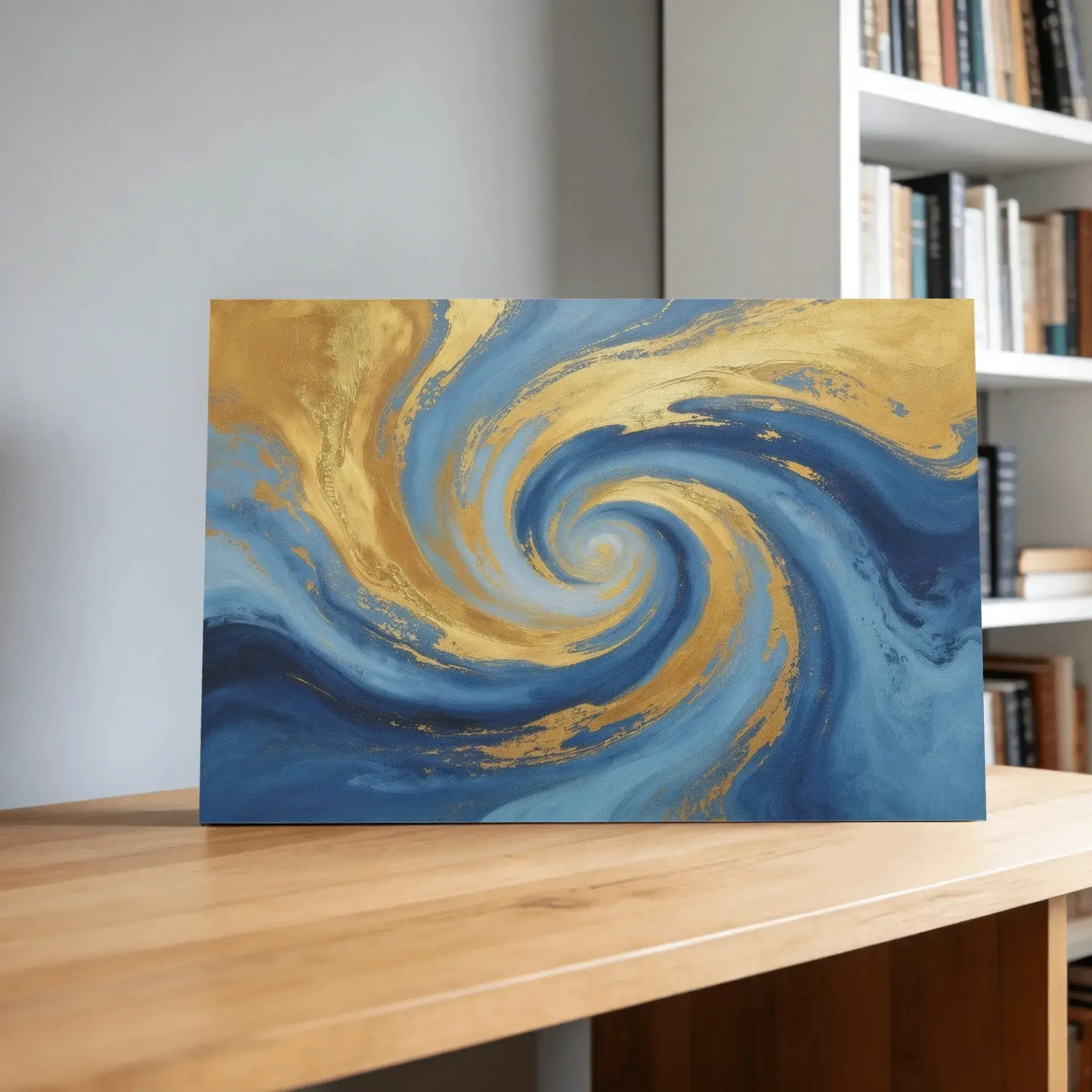 3:2 Horizontal Gallery-Wrapped Canvas Print - Aesthetic Blue & Golden Fluid Marble Swirl Painting, Minimalist Luxury Wall Art, Housewarming Gift for Home Decor