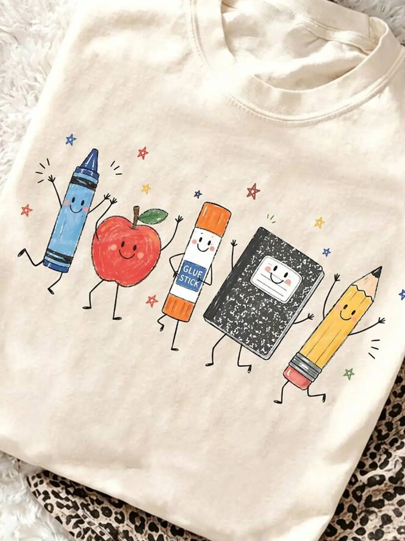 Return-To-School Cartoon Stationery Print Short Sleeve Casual T-Shirt for Women, Cute Teacher Theme Loose-Fit Round Neck Top, Wax Apple Pencil Book Design