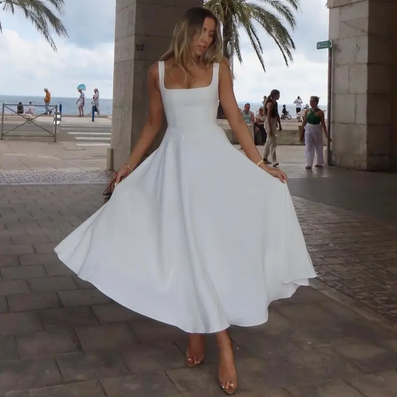 2026 Summer New Women Elegant Square Neck Sleeveless Cami Dress, European Slim Waist Flowy Midi Dress, Sexy Spaghetti Strap A-Line Sundress, Casual Holiday Wedding Guest Outfit Chic Lady DressesEuropean Women Elegant Square Neck Sleeveless Tank Dress 2026
