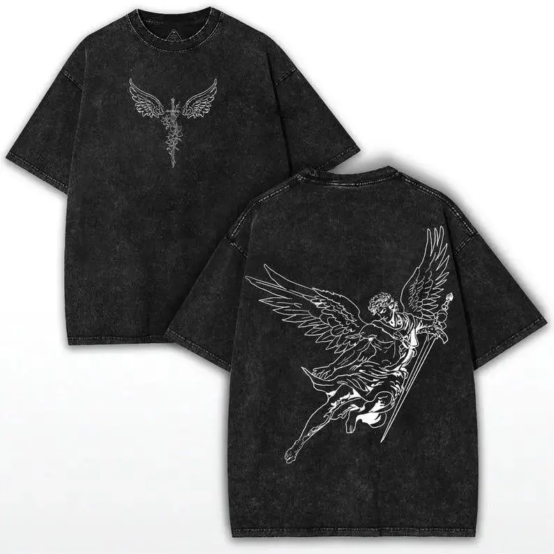 Men's Archangel Michael Oversized Vintage Washed Round Neck Heavy Cotton T-Shirt - Menswear Fashion Streetwear Fabric Casual Relaxed Fit Warrior Top, Shortsleeve, Gym, Tee, Graphic, Print, Tshirt, Unisex, Outfits, Soft, Christians, Angel Warrior & Archang