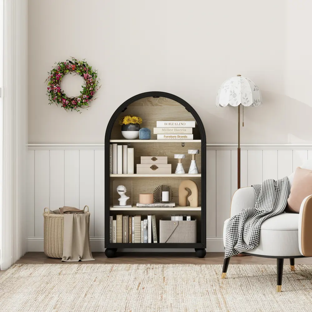 Arched 4 Tier Storage Cabinet with Carved Edge Design, Freestanding MDF Bookcase with Black Metal Frame, Hand Painted Finish Display Shelf, Tall Open Bookshelf Organizer for Living Room, Home Office, Study Room, Bedroom, Decorative Storage Cabinet 70.5×30