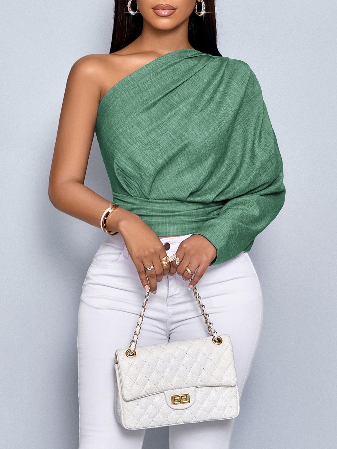 Aliling Sexy Elegant Feminine Women's One-Shoulder Long Sleeve Shirt Blouse Crop Top Slim-Fit Woven Fabric Casual Fashion for Spring or Summer