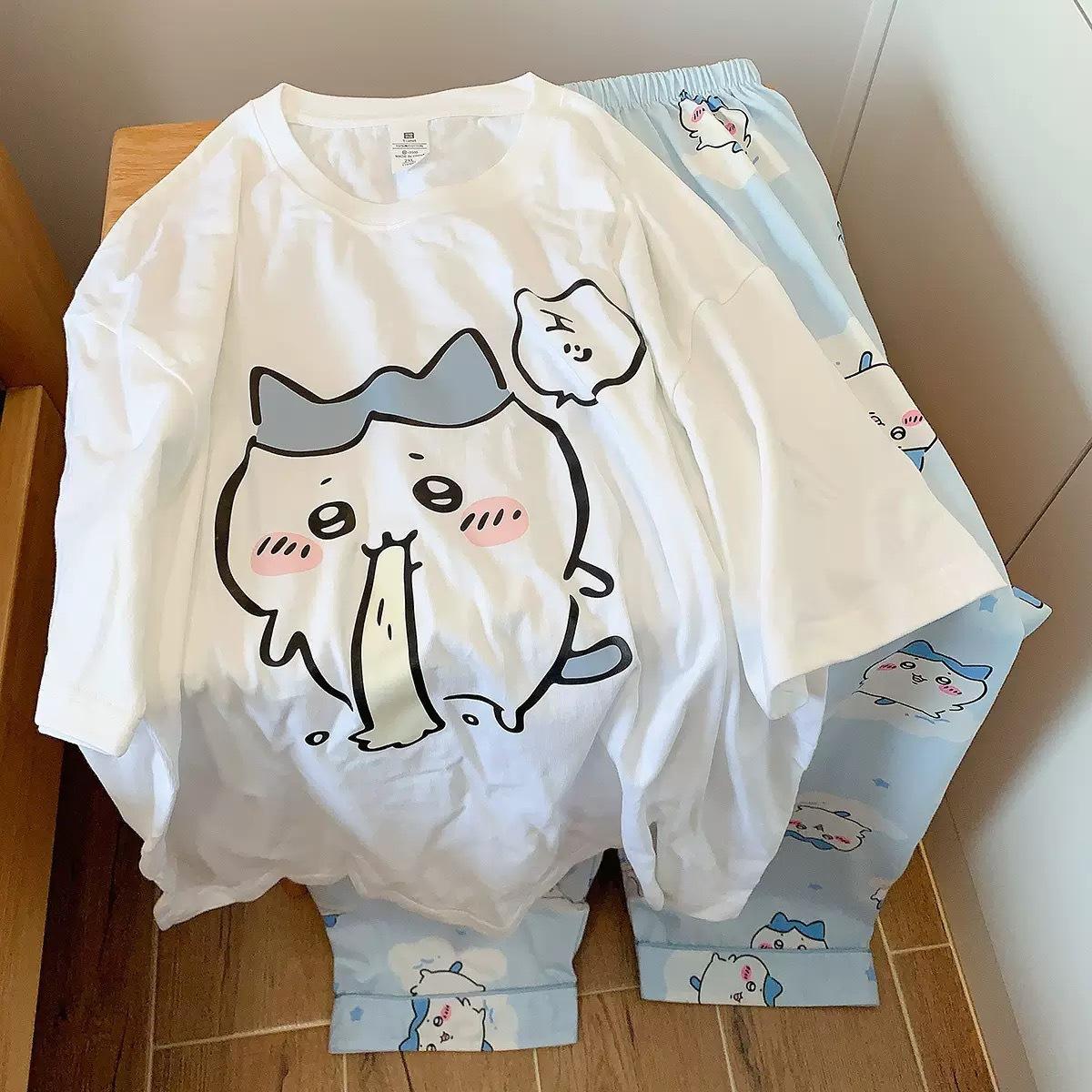 Anime Usag Hachiware Summer thin pajamas round neck Loose long-sleeved shirt and pants Cute cartoon pattern household clothes